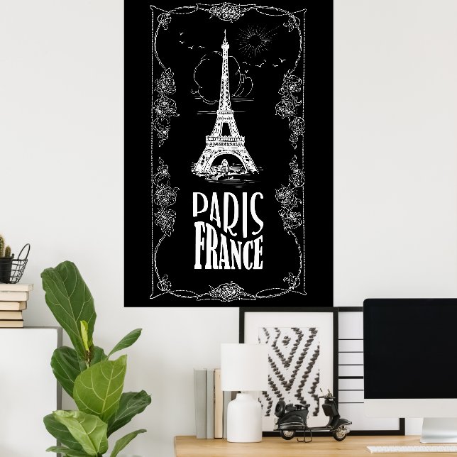 Poster blanc Paris France sur Black (Bureau à domicile)