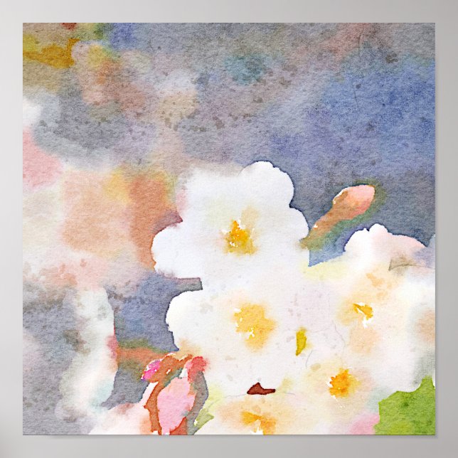 Poster Blancs cerisier fleuris Digital Aquarelle Peinture (Devant)