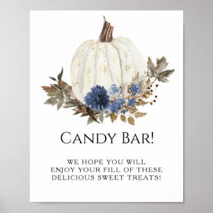 Poster Blancs Citrouille Marine Bleu Automne Floral Barre