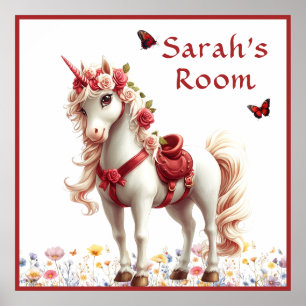 Poster Blancs Unicorne Rouge Selle Rose Papillons rouges