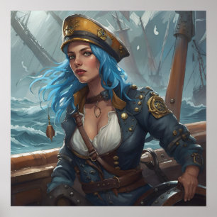 Poster - Blaues nautisches Pin-Up-Girl Piraten AI-