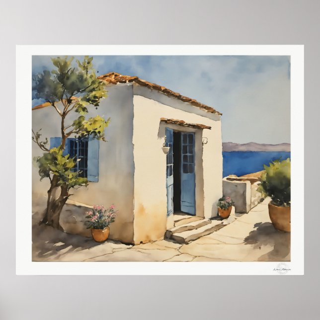 Poster Blaues Tür Meer Haus (Vorne)