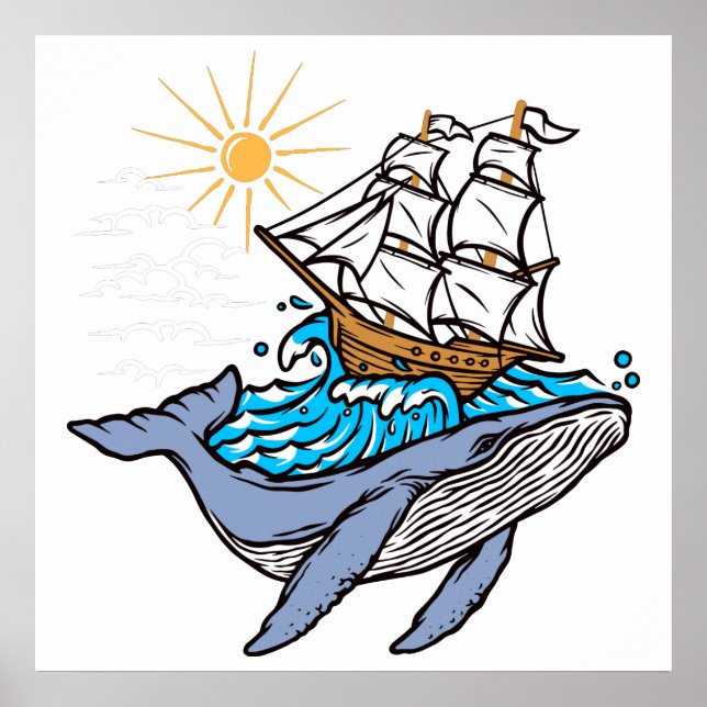 Poster Bleu baleine voilier Vague Sunshine (Devant)