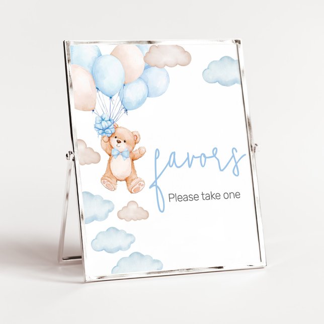 Poster Bleu Bear Balloon Baby shower Faveurs (Blue Baby Bear Balloon Baby Shower Favors Sign)