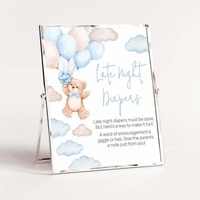 Poster Bleu Bear Balloon Baby shower Late Night Diapés (Blue Baby Bear Balloon Baby Shower Late Night Diapers Sign)