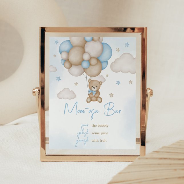 Poster Bleu Bear Ballotte Baby shower Maman Osa Bar (Teddy Bear Balloon Baby Shower Mom Osa Bar Sign)