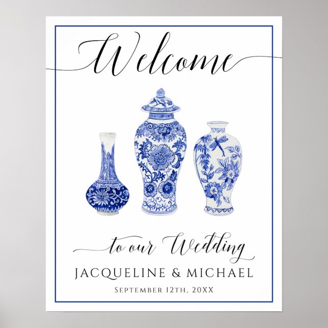 Poster Bleu Blanc Ginger Jar Chinoiserie Bienvenue Mariag (Devant)