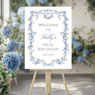 Poster Bleu bleu classique 90e fête d'anniversaire Bienve