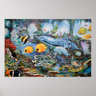 Poster Bleu bleu rouge jaune marine Animaux
