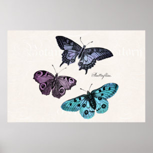 Poster Bleu bleu violet Vintage dessin de papillon rose T