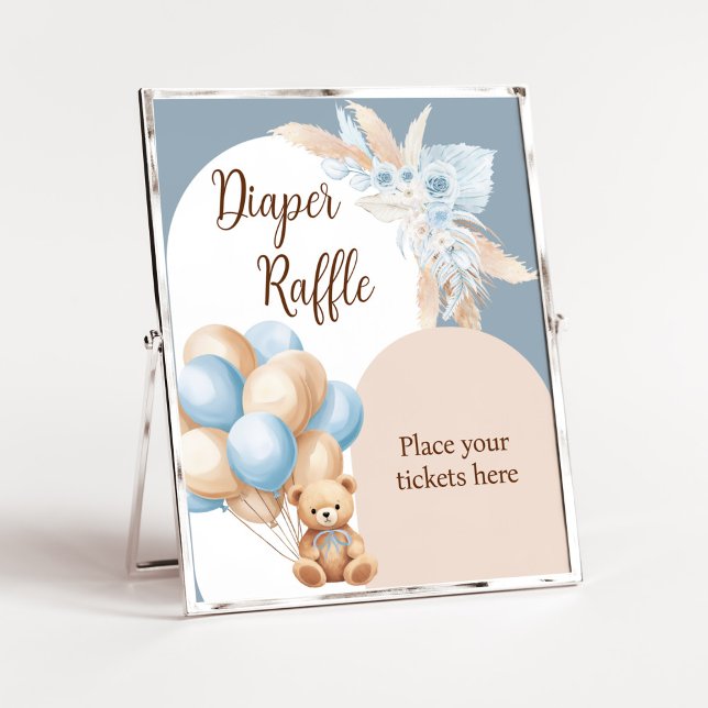 Poster Bleu Boho Bear Balloon Baby shower Déchets Raffin (Boy Bear Arch Balloon Baby Shower Diaper Raffle Sign)