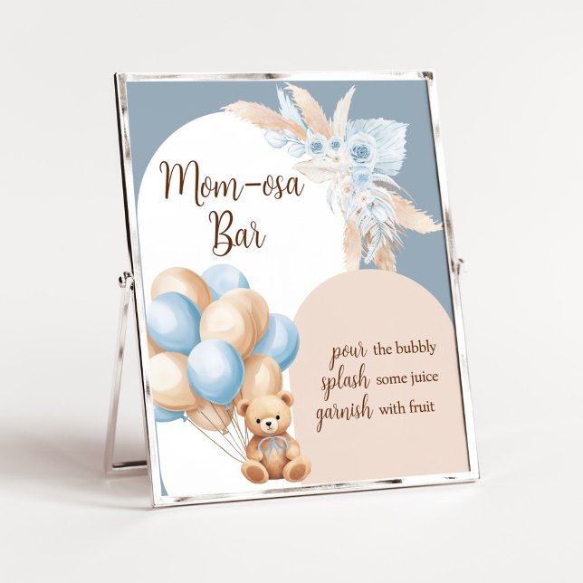 Poster Bleu Boho Ours Ballotte Baby shower Maman Osa Bar (Boy Bear Arch Balloon Baby Shower Mom Osa Bar Sign)