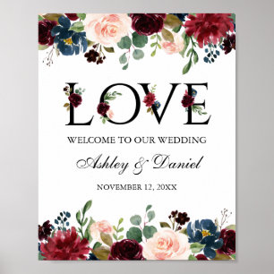 Poster Bleu Bourgogne Floral Amour Mariage Bienvenue