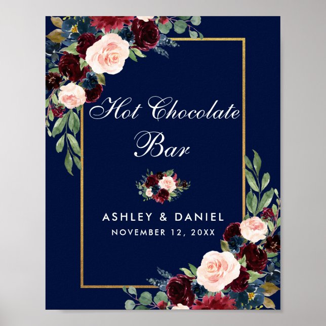 Poster Bleu Bourgogne Or Floral Mariage Chocolat chaud (Devant)