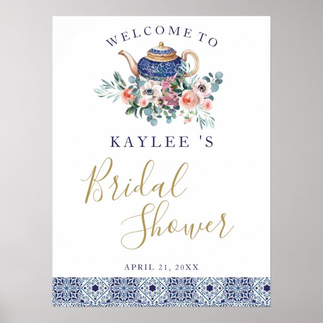 Poster Bleu carreaux fleuris teapot nuptiale Douche bienv (Devant)