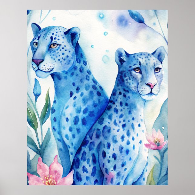 Poster Bleu Cheetahs Art Print, Décor Mur Aquarelle (Devant)