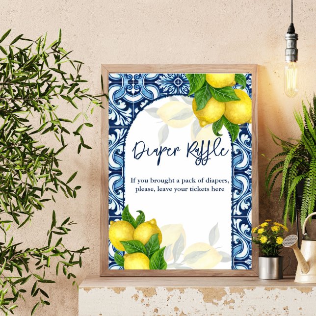 Poster Bleu citron baby shower Amalfi signe de tombole (Blue tiles lemon Amalfi baby shower diaper raffle sign Mediterranean baby shower table sign)