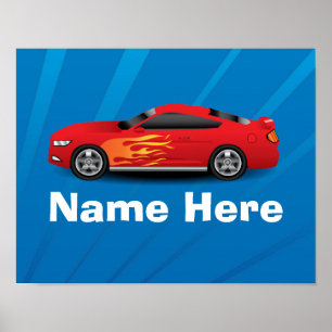 Poster Bleu clair avec Red Sports Voitures Flames Enfants