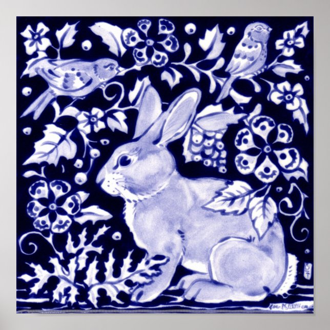 Poster Bleu de marine classique, Oiseaux de lapin blanc D (Devant)