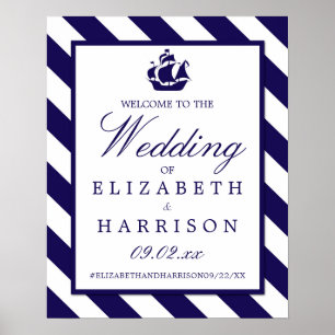 Poster Bleu de marine et Mariage de navire bleu Bienvenue