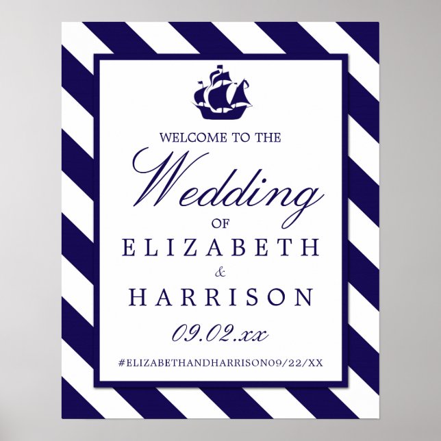 Poster Bleu de marine et Mariage de navire bleu Bienvenue (Devant)