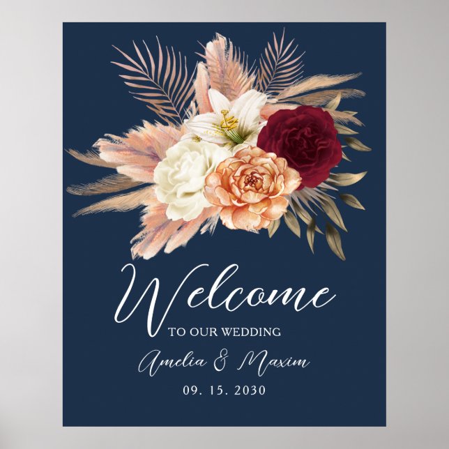 Poster Bleu de marine floral de mariage de bienvenue (Devant)