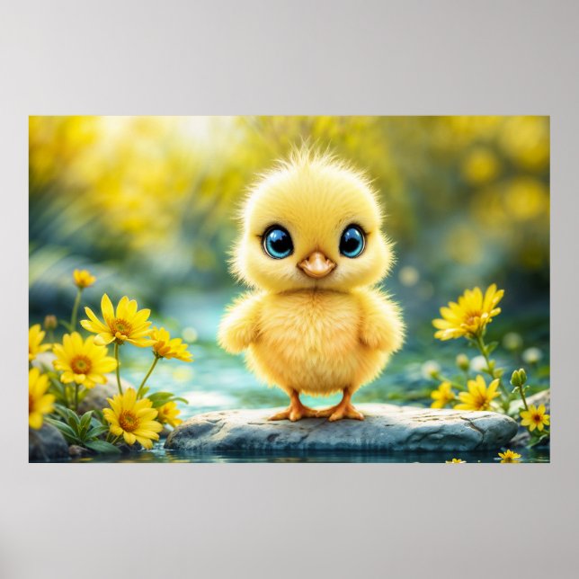 Poster Bleu de poulet moelleux jaune soleil - Oiseau aux  (Devant)
