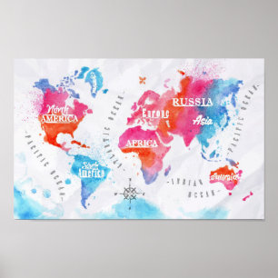 Poster Bleu de rose de carte du monde d'aquarelle