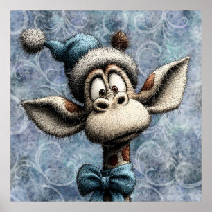 Poster Bleu d'hiver Noël Girafe Mignon Avec Chapeau