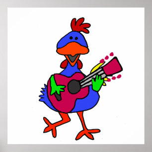 Poster Bleu Drôle Poulet Jouer Guitare Violette