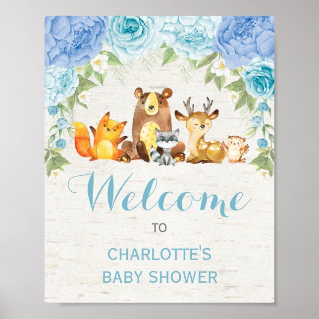Poster Bleu Dusty Floral Forêt Animaux Bébé Garçon (Devant)