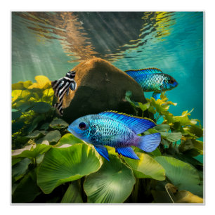 Poster Bleu électrique Acara Cichlids Zebra Pleco Poisson