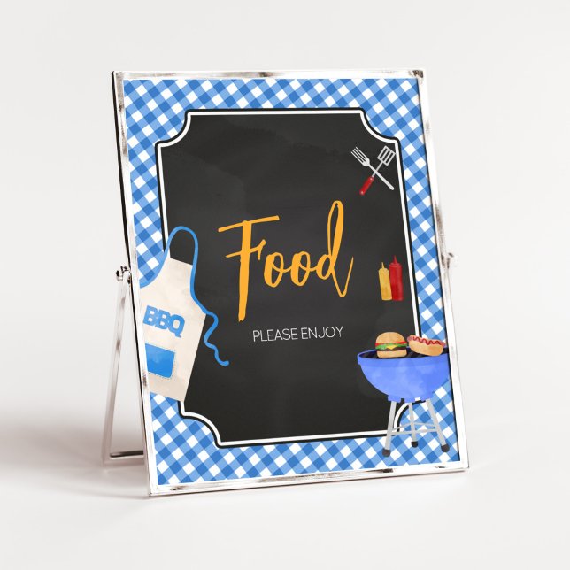Poster Bleu En vichy barbecue Baby shower repas SIGNE ALI (Boy Baby-Q Baby Shower Food Sign)