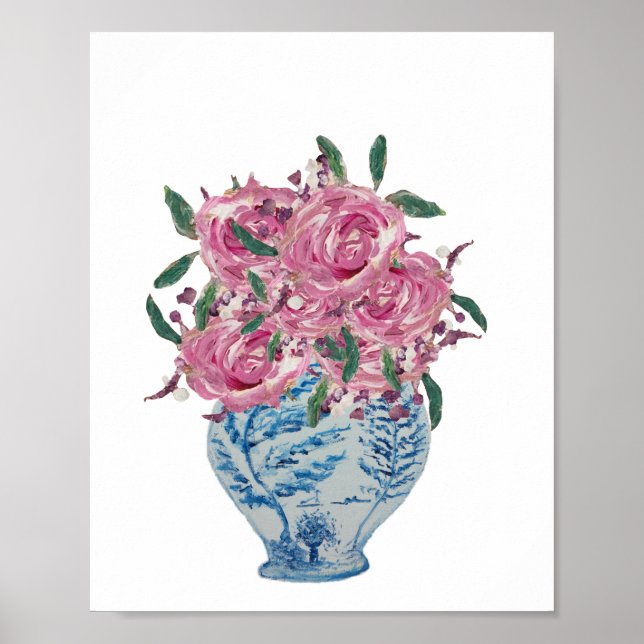 Poster Bleu et blanc Ginger Jar Roses roses roses Imprime (Devant)