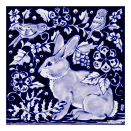 Poster bleu et blanc Rabbit Floral Dedham Indigo