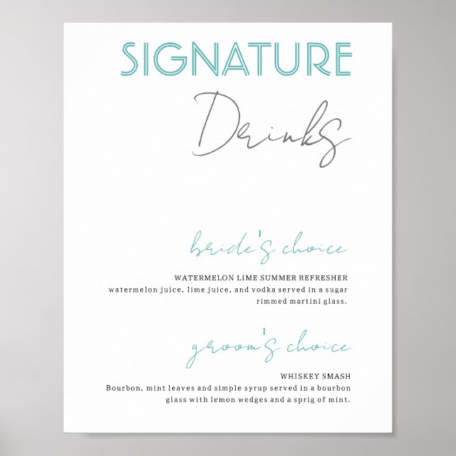 Poster Bleu et blanc Signature Boissons Mariage Bar Poste (Devant)