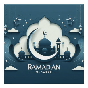 Poster bleu et blanc sur le Ramadan moderne Moubar