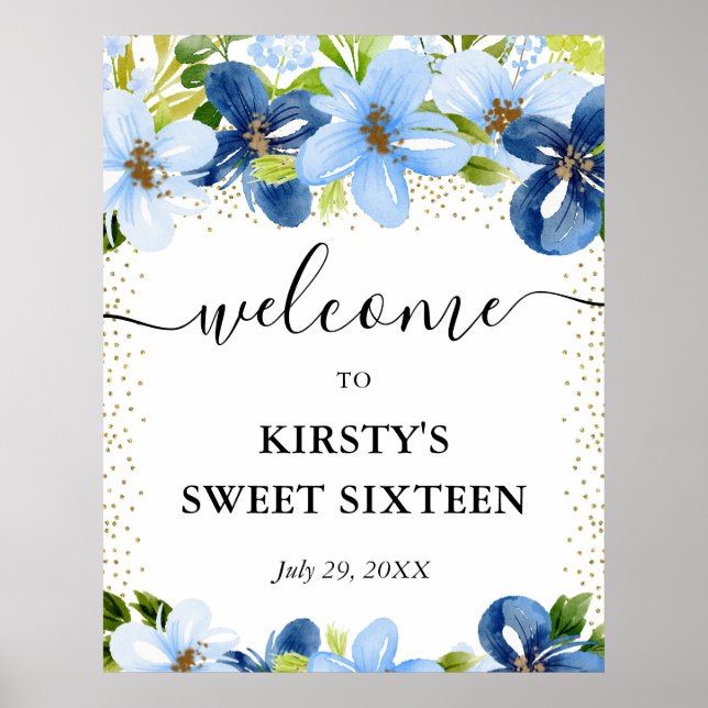Poster Bleu et fleurs de marine Sweet 16 Bienvenue (Devant)