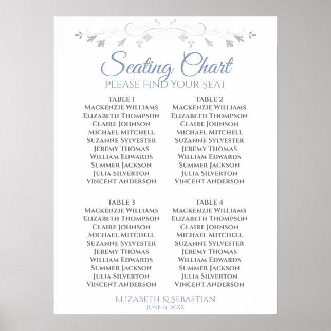 Poster Bleu et gris Simple Mariage de 4 tables (Devant)
