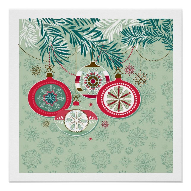 Poster Bleu et rouge rétro ornements de Noël (Devant)