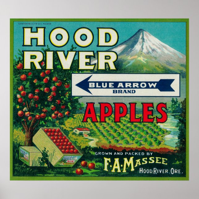 Poster Bleu Flèche Apple Crate Label Hood River, OU (Devant)