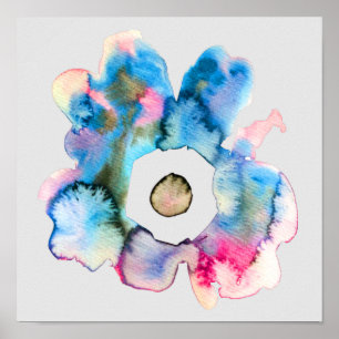Poster Bleu floral Abstrait dans l'aquarelle gris