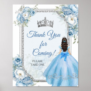 Poster Bleu Floral Argent Couronne Quinceañera Merci