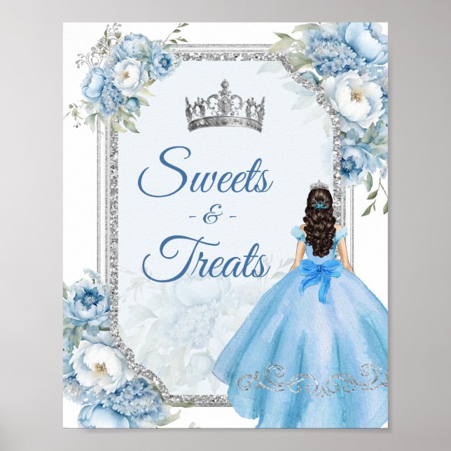 Poster Bleu Floral Argent Couronne Quinceañera Sweets (Devant)