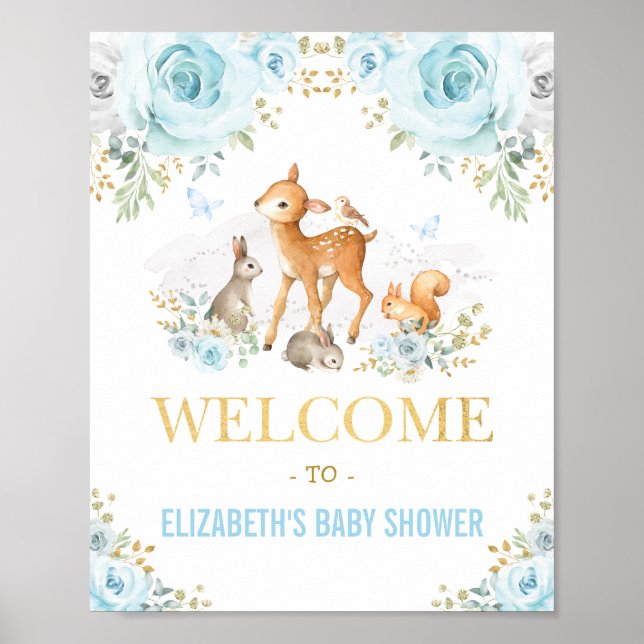Poster Bleu Floral Bois Animaux Baby shower Bienvenue (Devant)