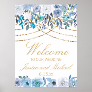 Poster Bleu Floral Chaîne Lumières Mariage blanc Bienvenu