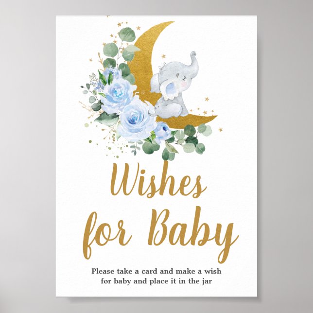 Poster Bleu Floral verdure Eléphant Moon Voeux pour bébé (Devant)