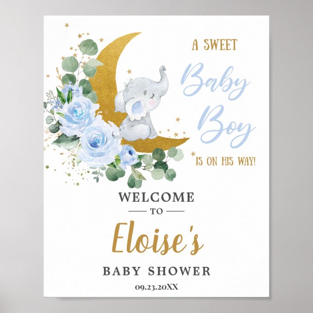 Poster Bleu Floral Vert Eléphant Baby shower Bienvenue (Devant)