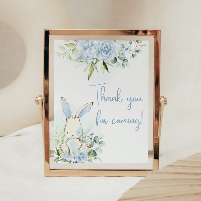 Poster Bleu Flore lapin lapin Baby Merci pour venir (A Little Bunny Boy Baby Shower Thank you for Coming Sign)