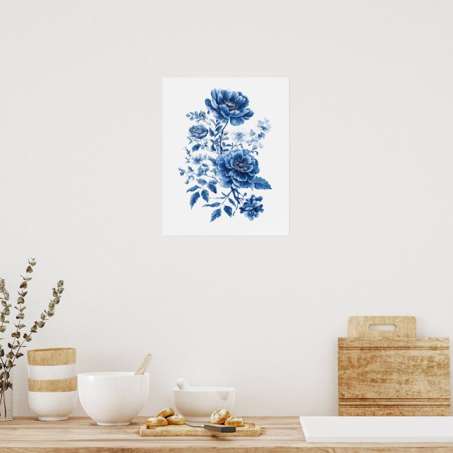 Poster Bleu français aquarelle toile chinoiserie floral (Cuisine)